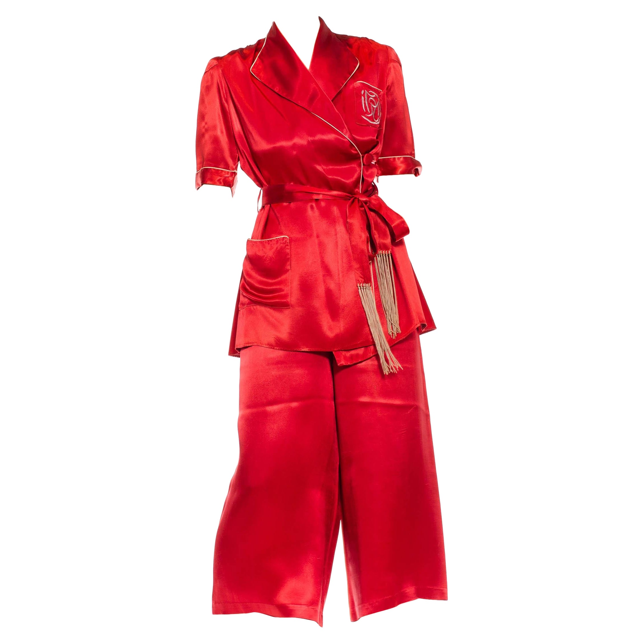1940S Burgundy Rayon Satin Men's Style Pajamas For Sale