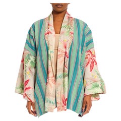 Duster tropical à rayures africaines en coton bleu et rose de la collection Morphew, années 1940