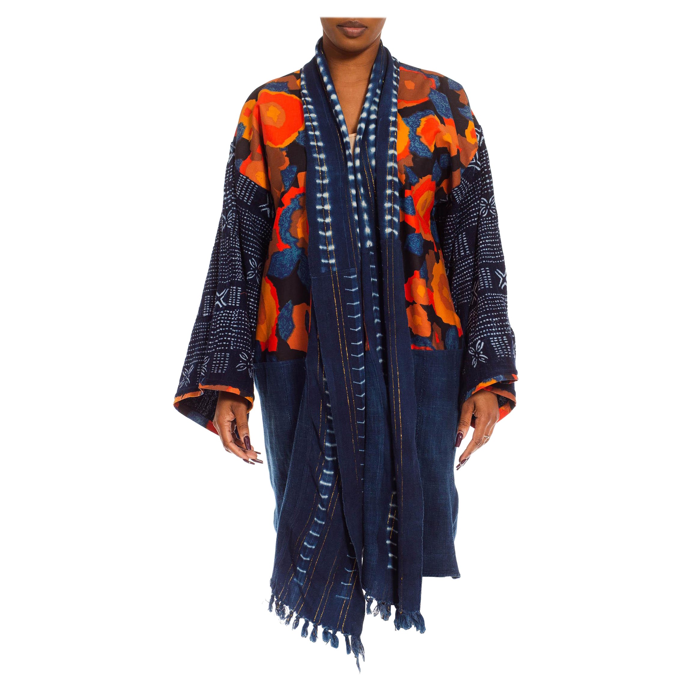 Morphew Collection Blue & Orange Cotton Up-Cycled African Indigo Vintage Fabric For Sale