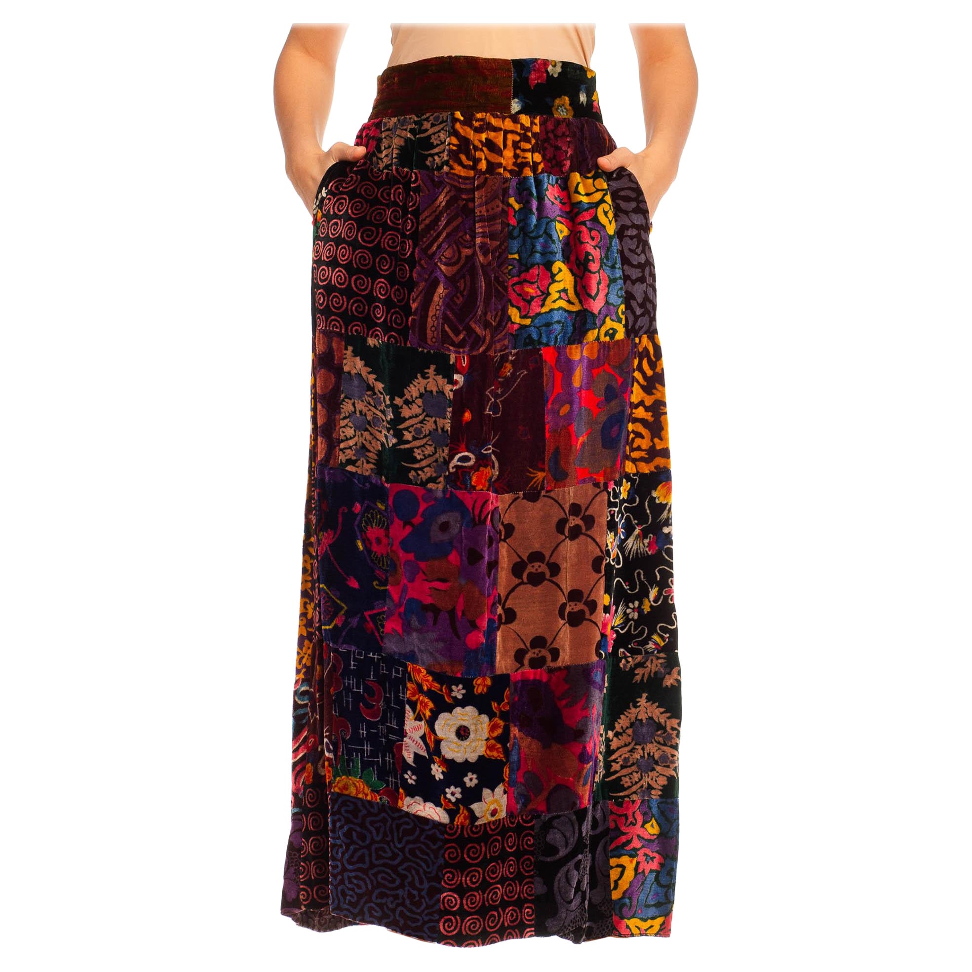 1970S Jewel-Tone Rayon Blend Velvet Hippy Patchwork Skirt For Sale