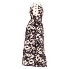 1970S Black & White Floral Print Cotton Maxi Halter Dress
