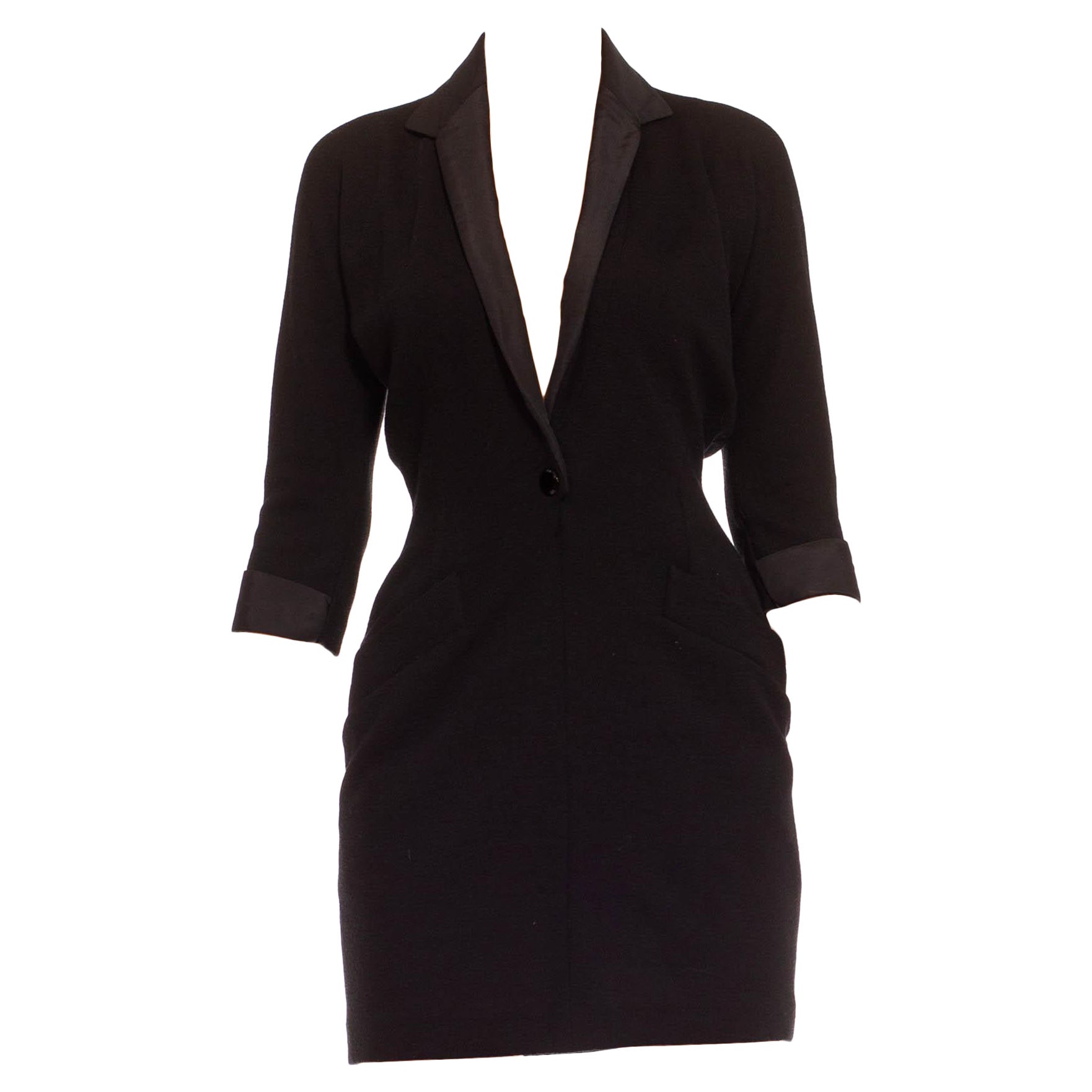 1980S Donna Karan Black Wool Knit Shawl Lapel Tuxedo Body-Con Dress For Sale