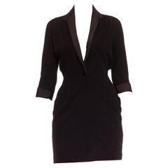 1980S Donna Karan Black Wool Knit Shawl Lapel Tuxedo Body-Con Dress
