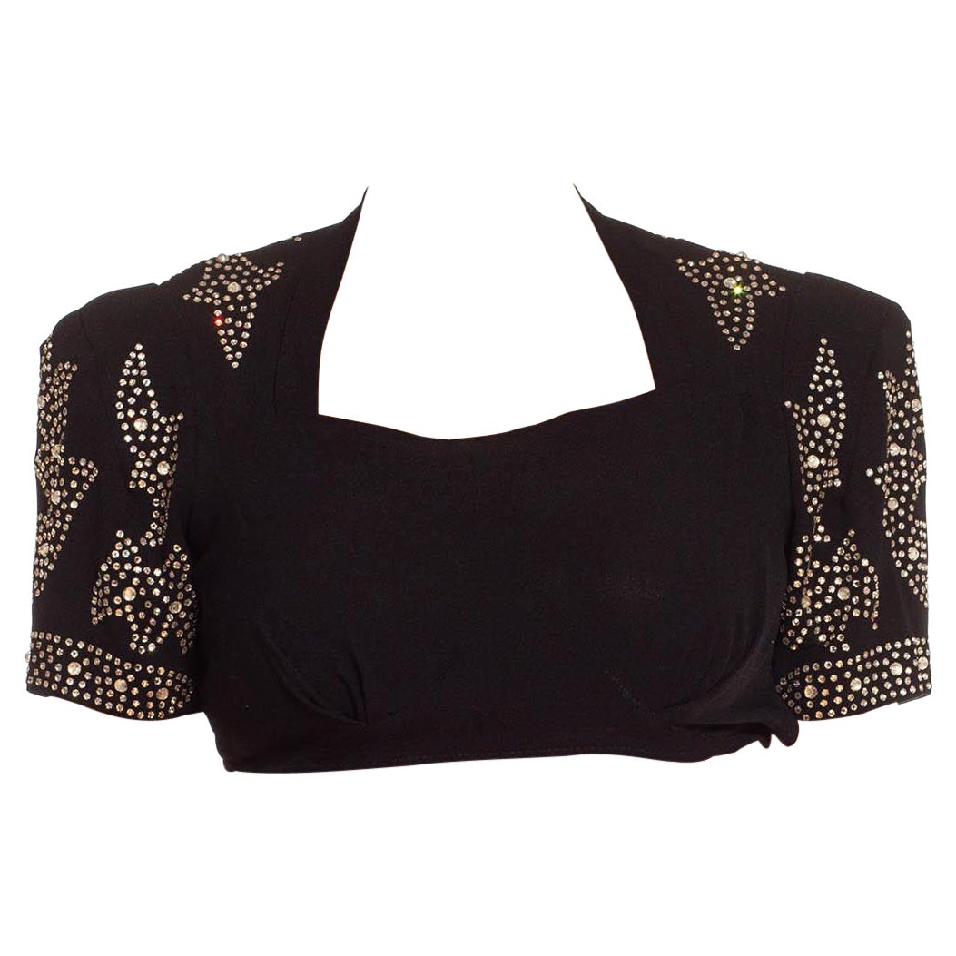 1940S Black Silk Crepe Reinstone Crystal Embellished Crop Top For Sale