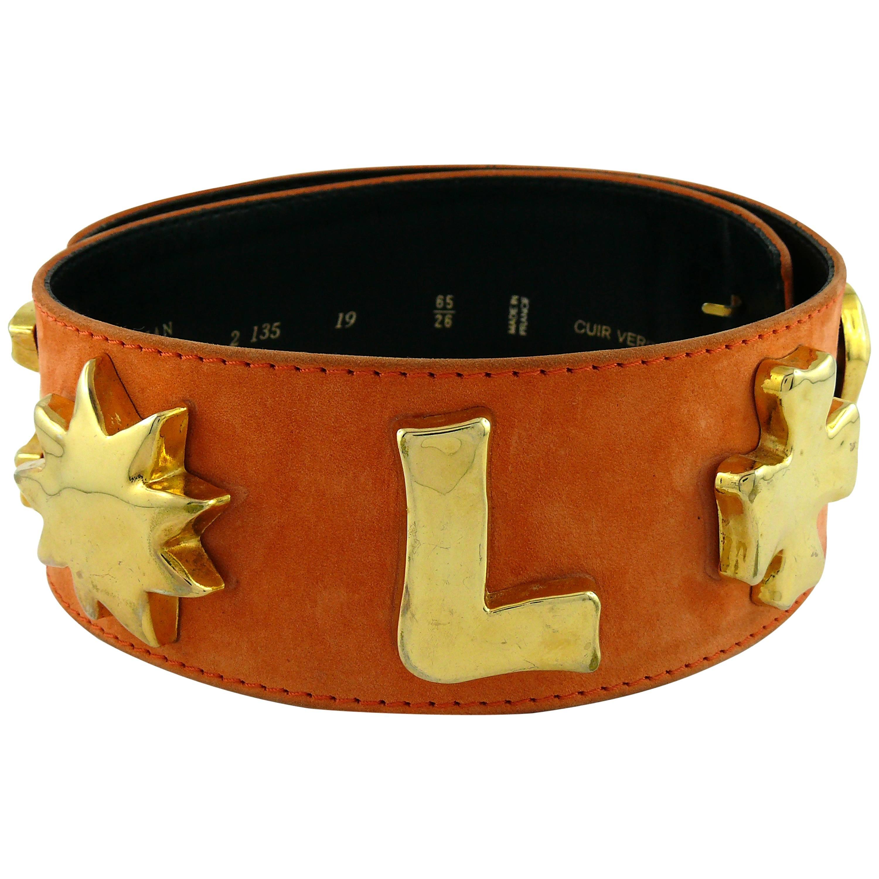 Christian Lacroix Wide Peach Suede Leather Belt with Iconic Gold Symbols For Sale
