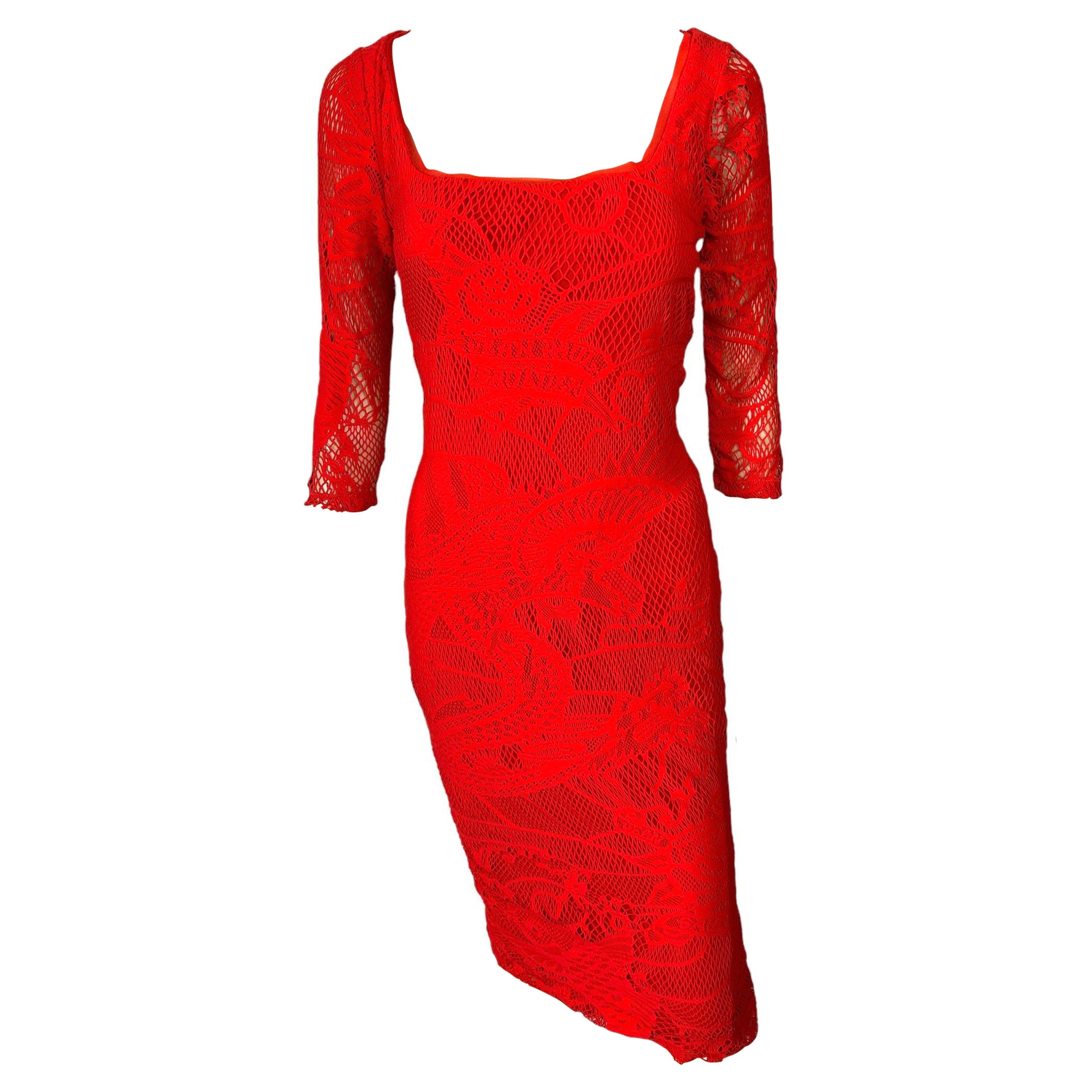 Jean Paul Gaultier Soleil Unworn Bodycon Open Knit Crochet Mesh Red Midi Dress