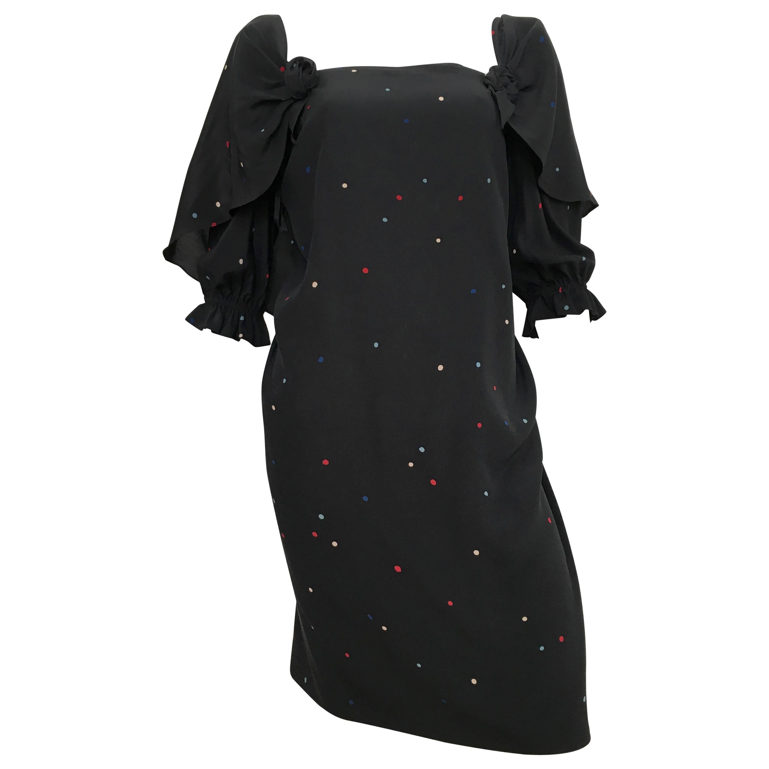 Halston 1970s Black Silk Polka Dot Dress Size 6 / 8.