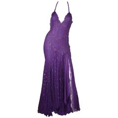 Gianni Versace Purple Embellished Halter Gown 