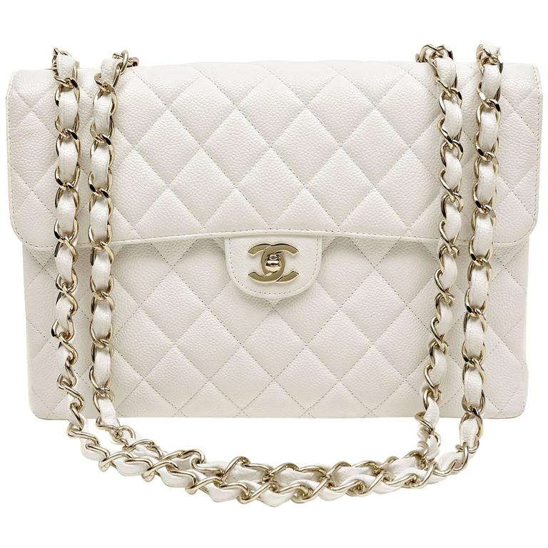 Chanel White Caviar Leather Jumbo Classic with Silver HW at 1stDibs