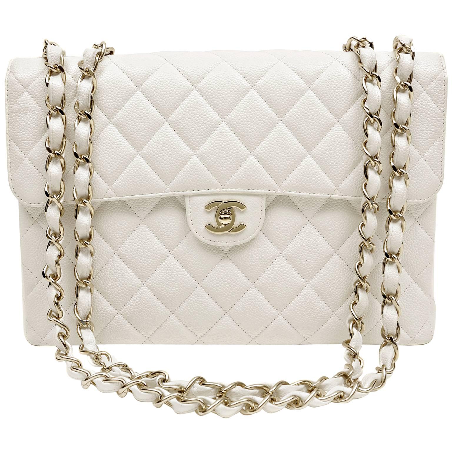 Chanel White Caviar Leather Jumbo Classic with Silver HW
