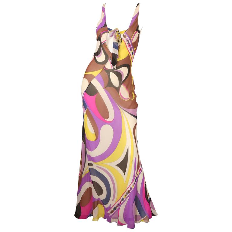 Emilio Pucci S/L Multi-Colored Printed Gown For Sale at 1stDibs