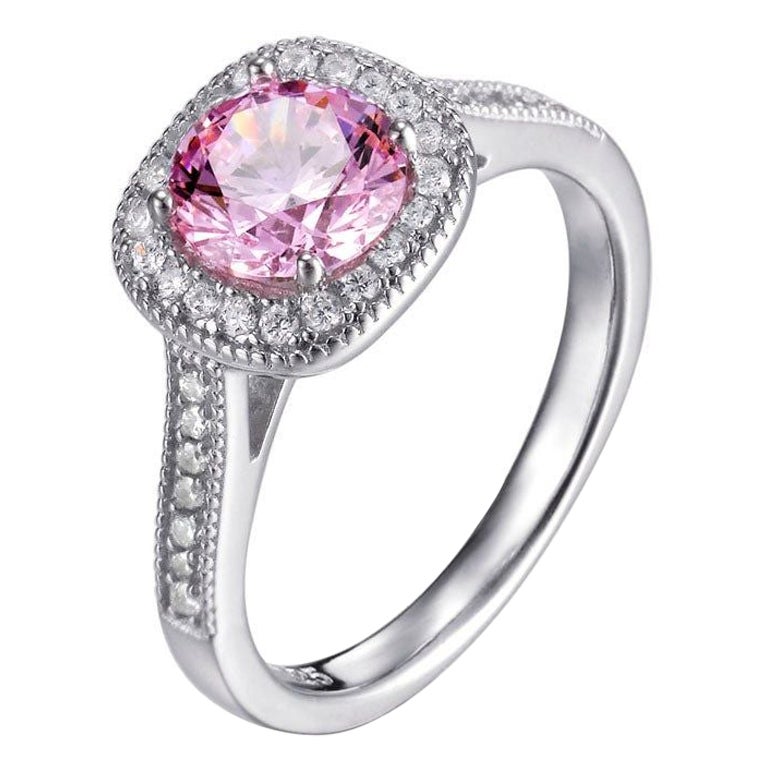 1.50 Carat Pink Cubic Zirconia Sterling Silver Erin Classic Halo Engagement Ring For Sale