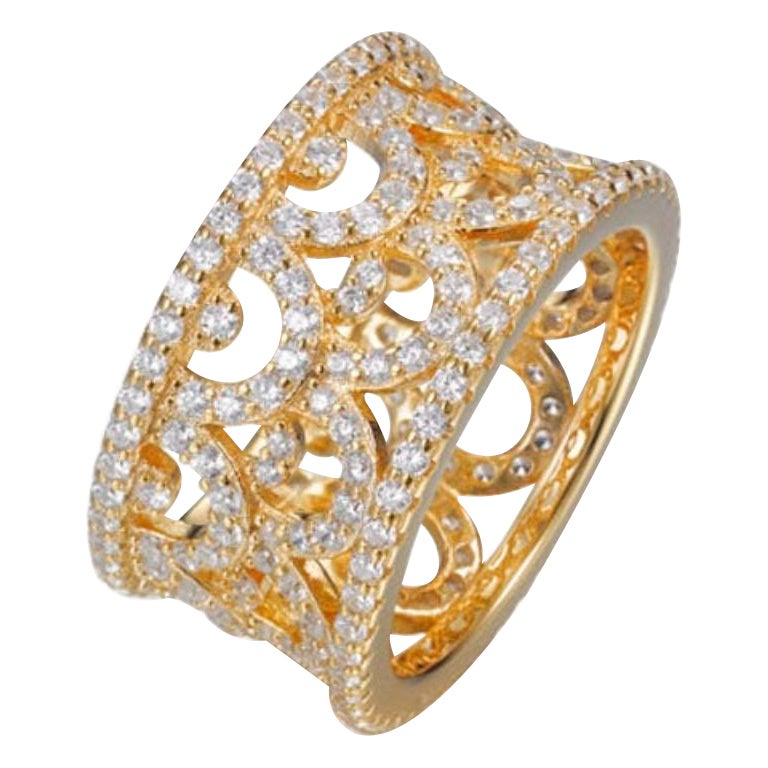 3.40 Carat Cubic Zirconia Yellow Gold Plated Filigree Crown Wedding Band Ring For Sale