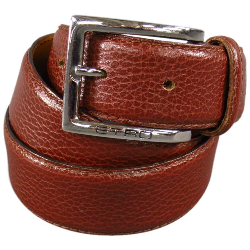 ETRO Rich Brown Leather Engraved Silver Rectangle Buckle Belt