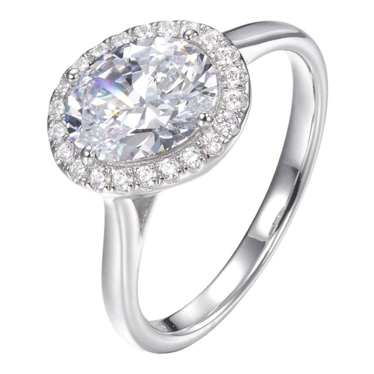 1.46 Off Set Oval Cubic Zirconia Halo Sterling Silver Engagement Cocktail Ring For Sale