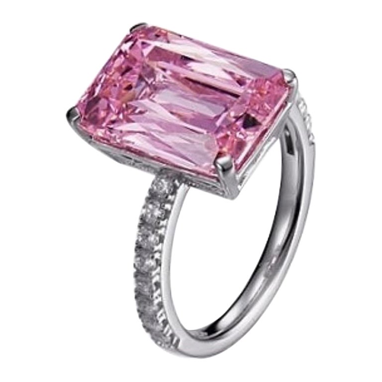 Art Deco 8.00Carat Emerald Cut Pink Spinel Cubic Zirconia Sterling Silver Engagement Ring For Sale