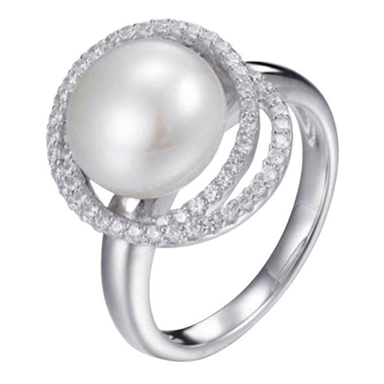 11.0mm Pearl & Cubic Zirconia Sterling Silver Art Deco Aurora Engagement Ring For Sale