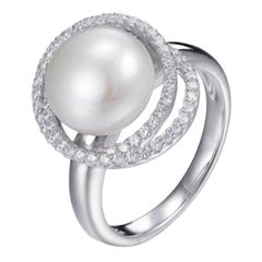 Antique 11.0mm Pearl & Cubic Zirconia Sterling Silver Art Deco Aurora Engagement Ring