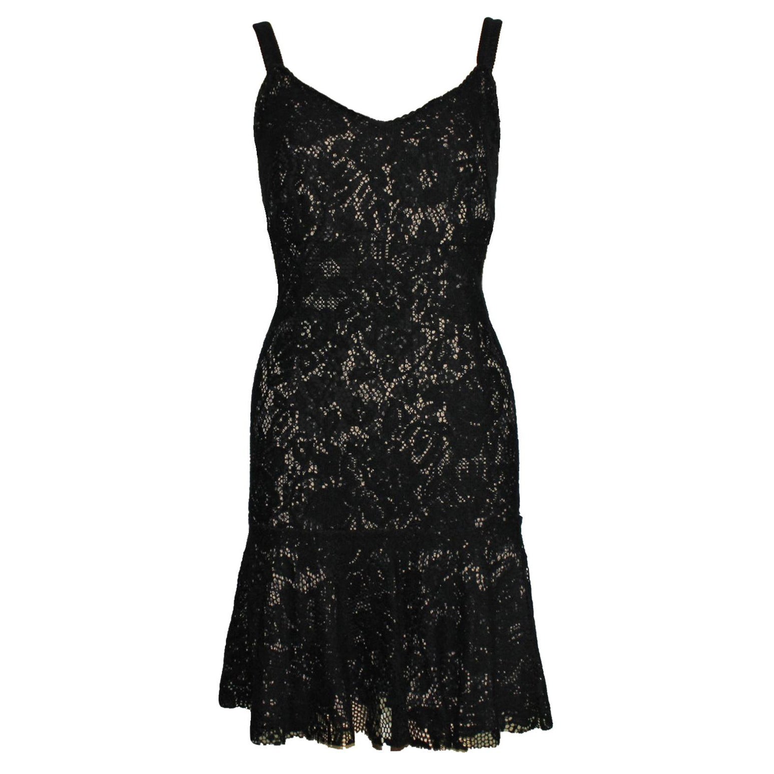 NEW Dolce Gabbana Crochet Knit Lace Print Silk Dress 44