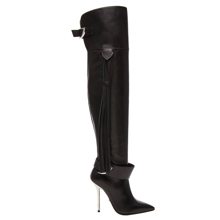 Pre-Fall/14 L#9 VERSACE BLACK LEATHER OVET-the-KNEE Boots with TASSELS ...