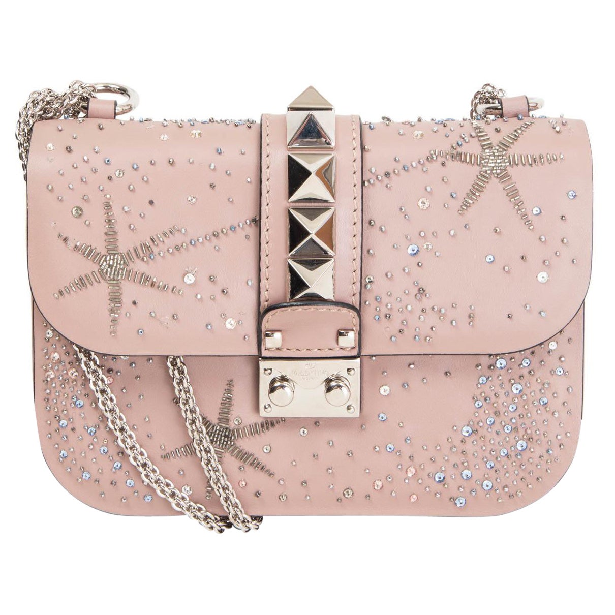 VALENTINO pink leather CRYSTAL EMBELLISHED GLAM LOCK SMALL FLAP Bag Powder For Sale