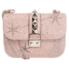 VALENTINO pink leather CRYSTAL EMBELLISHED GLAM LOCK SMALL FLAP Bag Powder