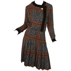 Givenchy Long Sleeve Printed Dress W/ Black Velvet & Gold Buttons