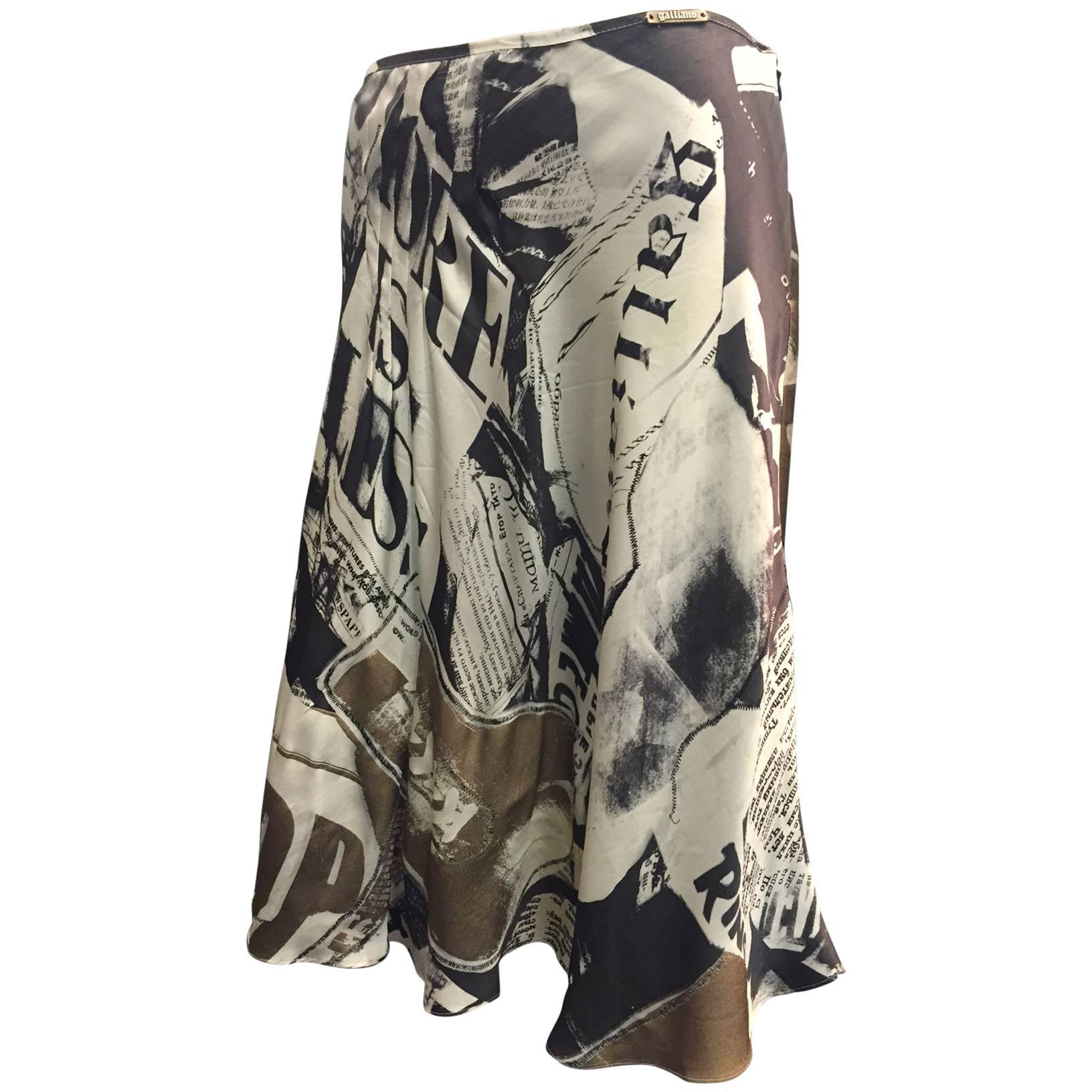 Iconic Galliano News Paper Print Bias Silk Satin Half Slip Skirt