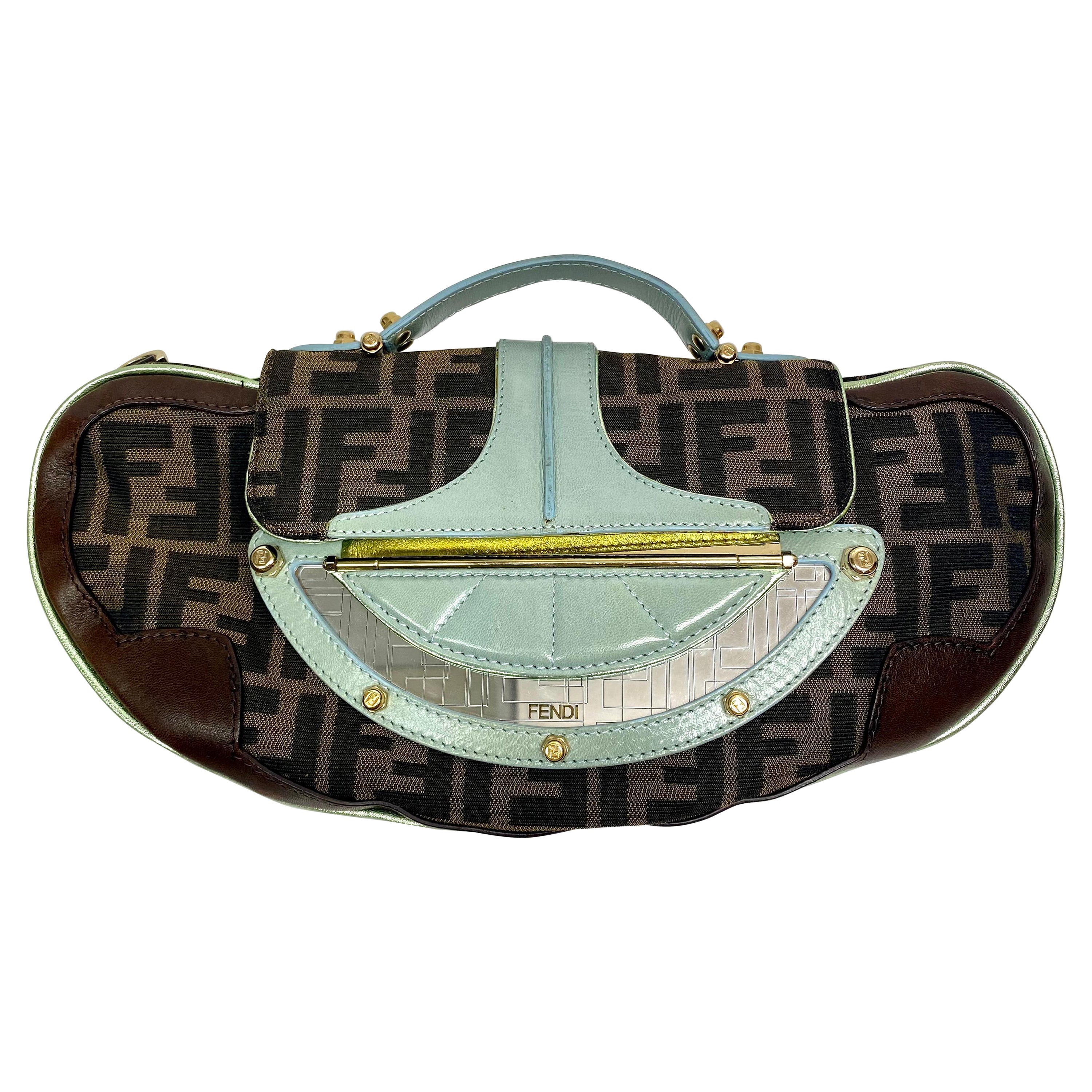 Fendi Canvas and Aqua leather Vanity Mirror Clutch Handbag
