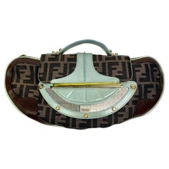 Used Fendi Canvas and Aqua leather Vanity Mirror Clutch Handbag