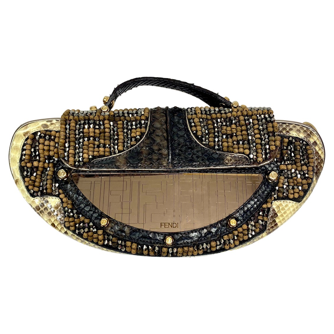 Fendi Vanity Etched Mirror Crystal and Wood Beaded Python Clutch Handbag-GHW For Sale at 1stDibs image