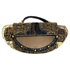 Fendi Vanity Etched Mirror Crystal and Wood Beaded Python Clutch Handbag-GHW