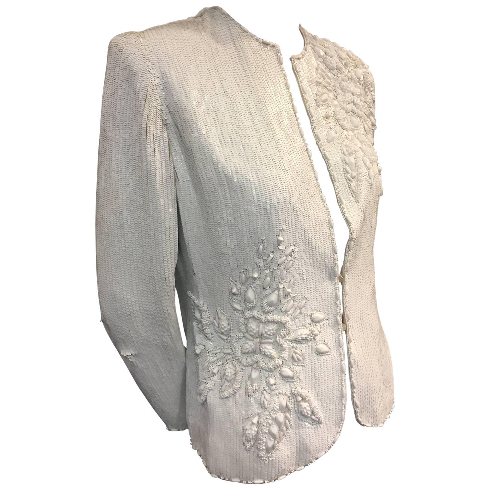 1980s Galanos White Solid Sequined Evening Blazer w Raised Beaded Pattern