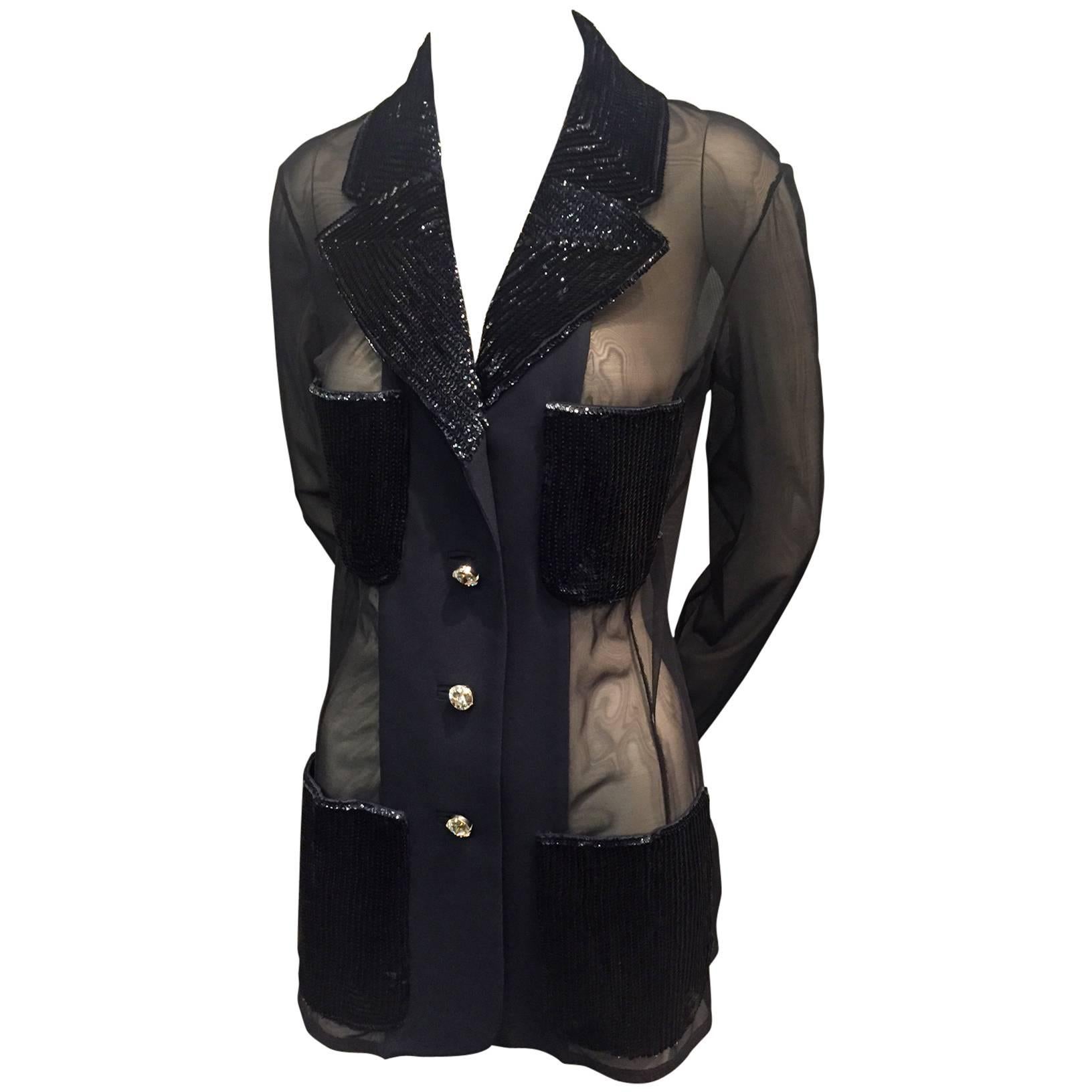 1990s Gianfranco Ferre Navy Sheer Net Blazer w Sequined Patch Pockets and Lapel For Sale