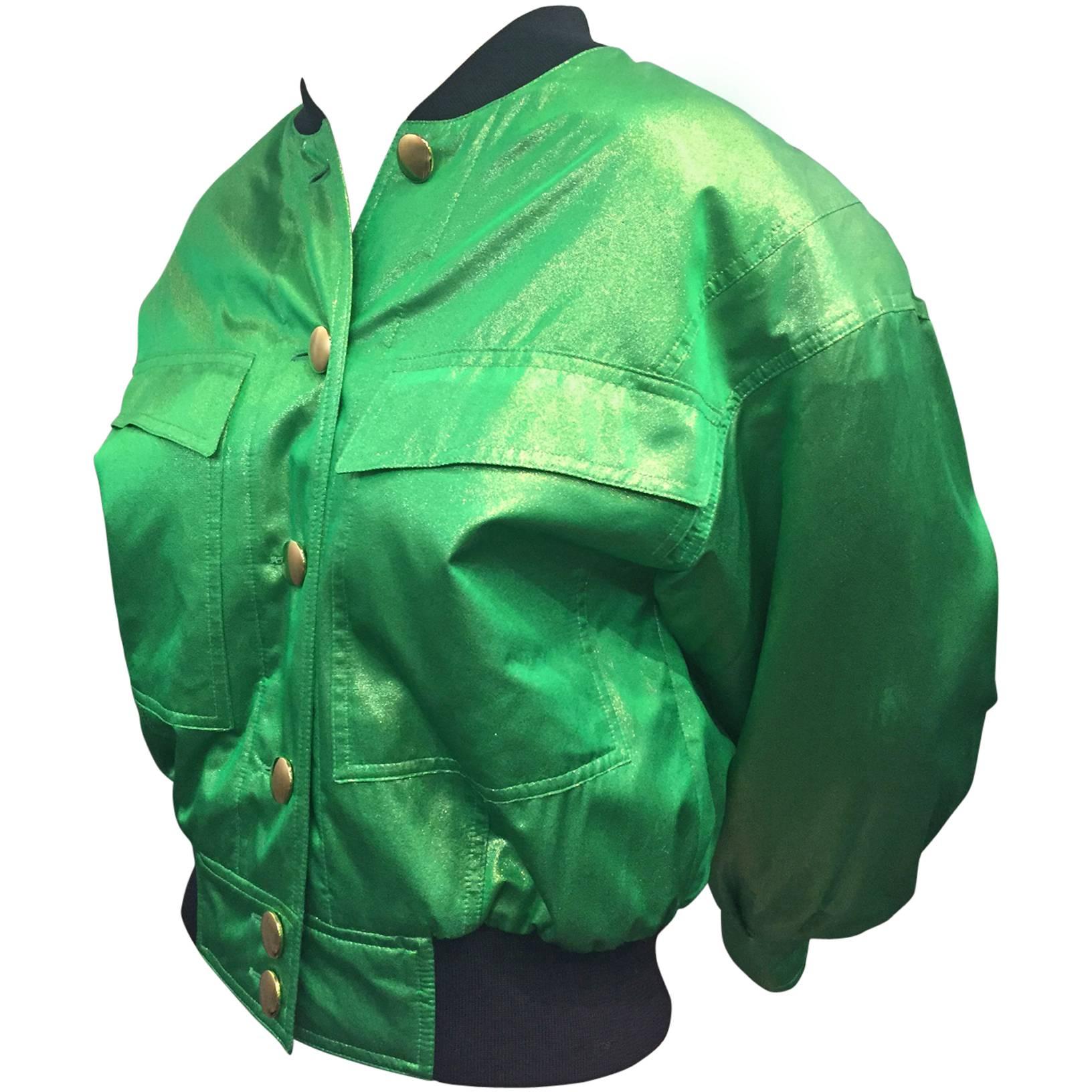 1980s Escada Acid Green Silk Lame Bomber-Style Jacket w/ Heart Print Lining 