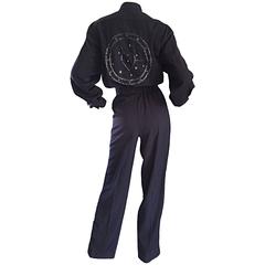 Escada By Margaretha Ley Navy Blue Rhinestone ' Heart Clock ' Vintage Jumpsuit 2