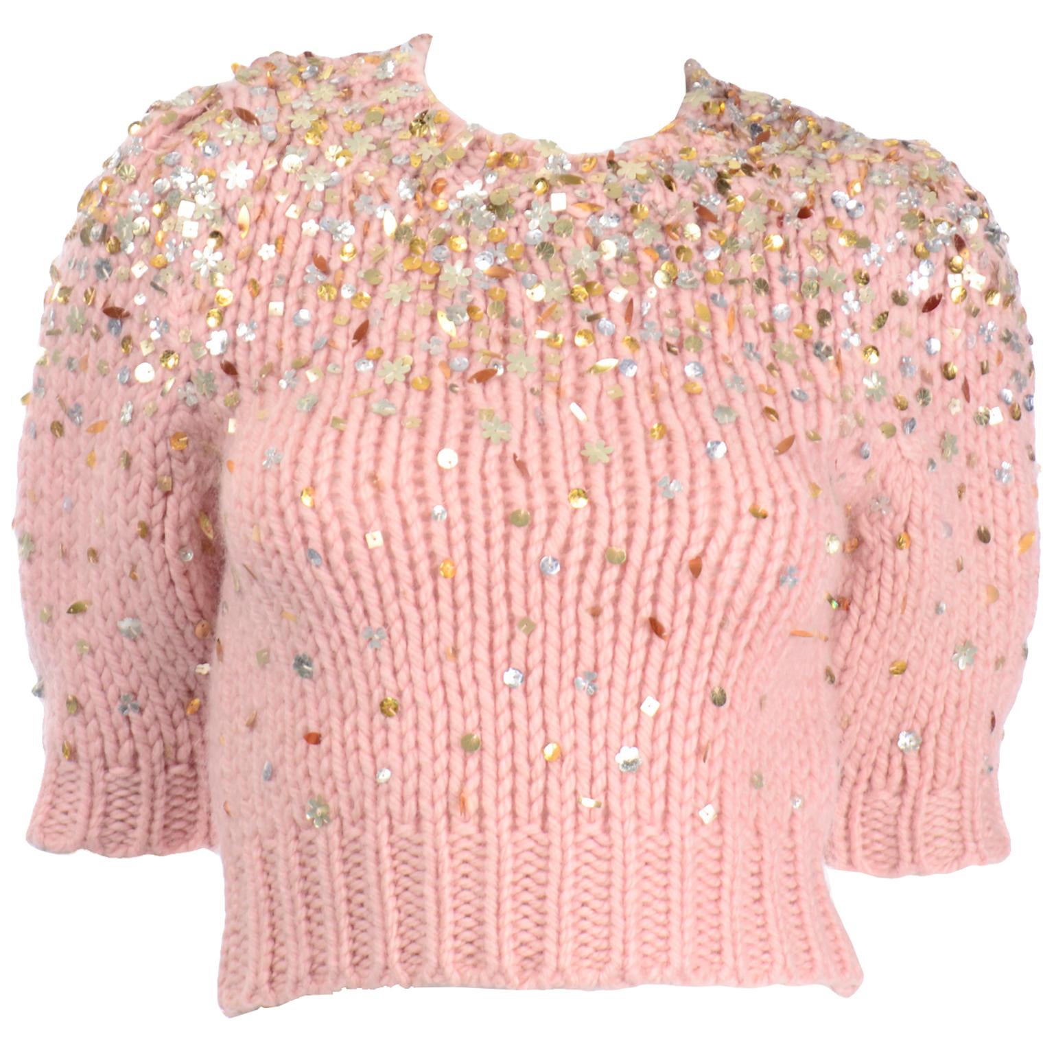 Dries Van Noten Chunky Wool & Mohair Pink Cropped Sweater With Sequins