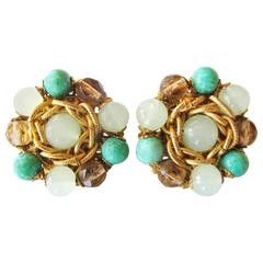 1950's Miriam Haskell Green Beaded Clip-On Earrings 6