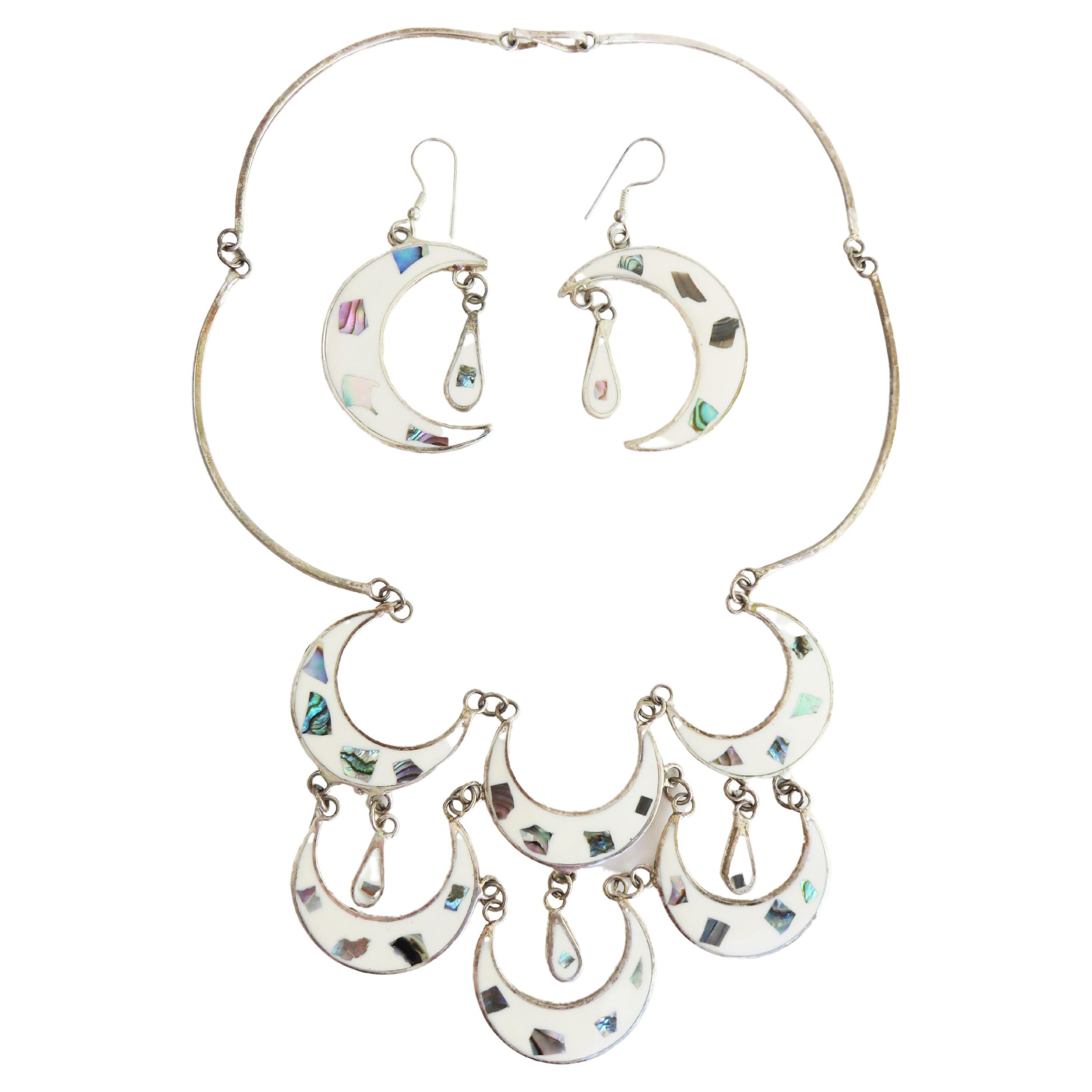 Mexican Abalone Inlaid Silver Necklace and Pierced Earrings Set For Sale
