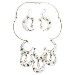Retro Mexican Abalone Inlaid Silver Necklace and Pierced Earrings Set