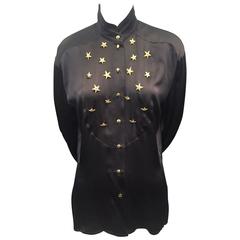 1990s Escada Midnight Silk Charmeuse Bib-Front Blouse w/ Star Buttons