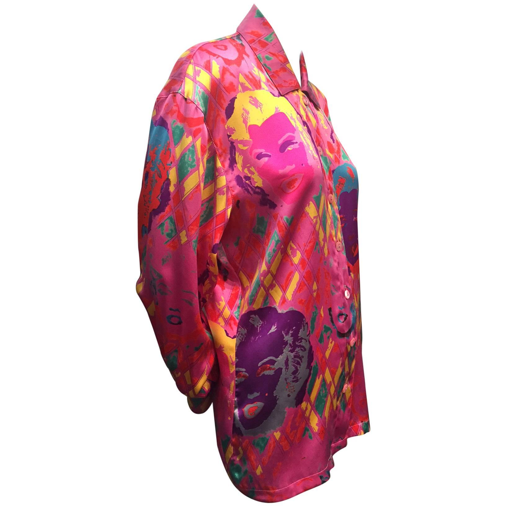 1990s Escada Iconic Warhol Marilyn Monroe Print Silk Blouse.