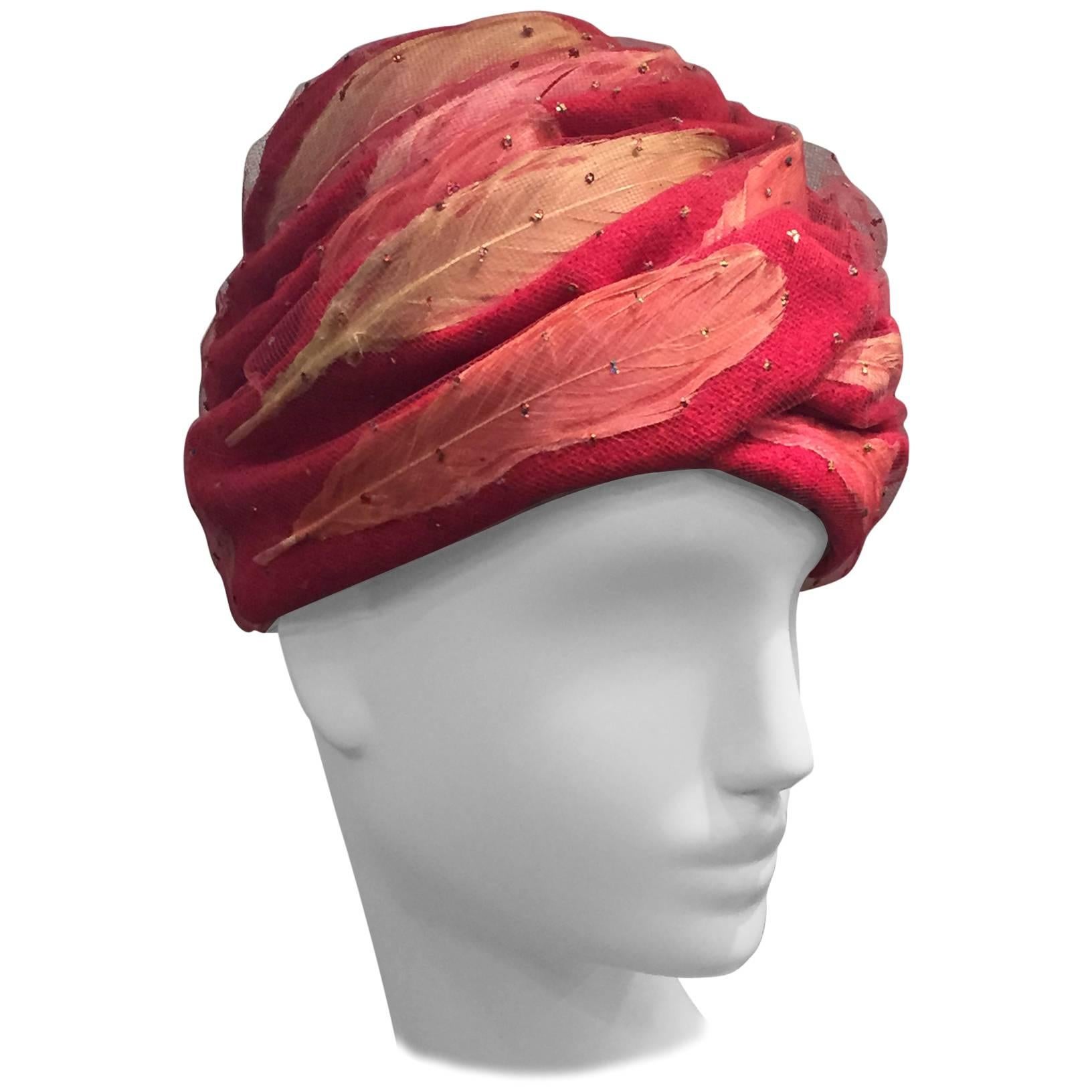 1960s Christian Dior Rose Wool and Tulle-Wrapped Feather Turban 