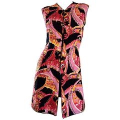 1960s 60s Psychedelic Asian Themed Colorful Mod Long Silk Vest or Mini Dress 