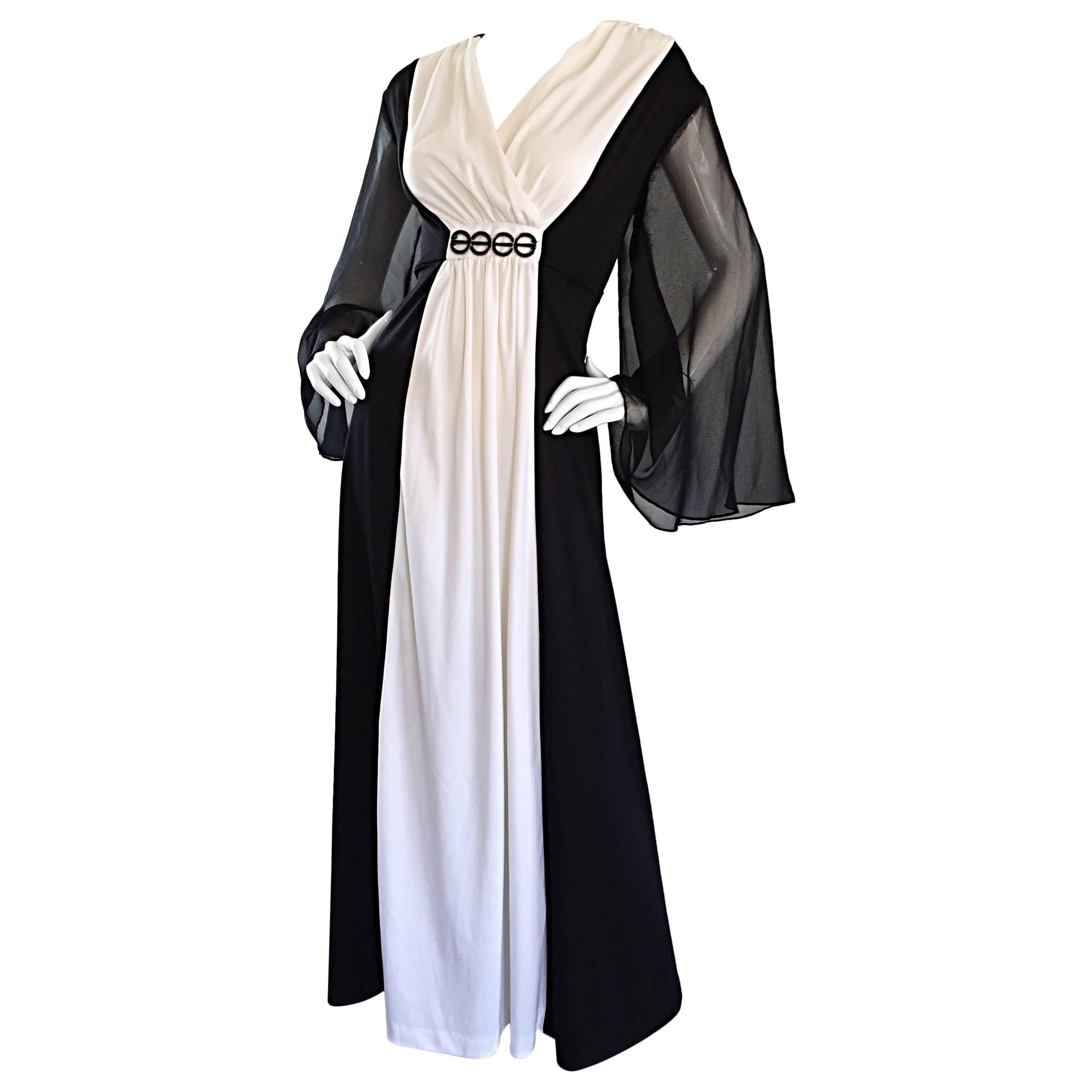 Amazing 1970s 70s Black and White Grecian Maxi Dress / Gown w/ Angel Sleeves