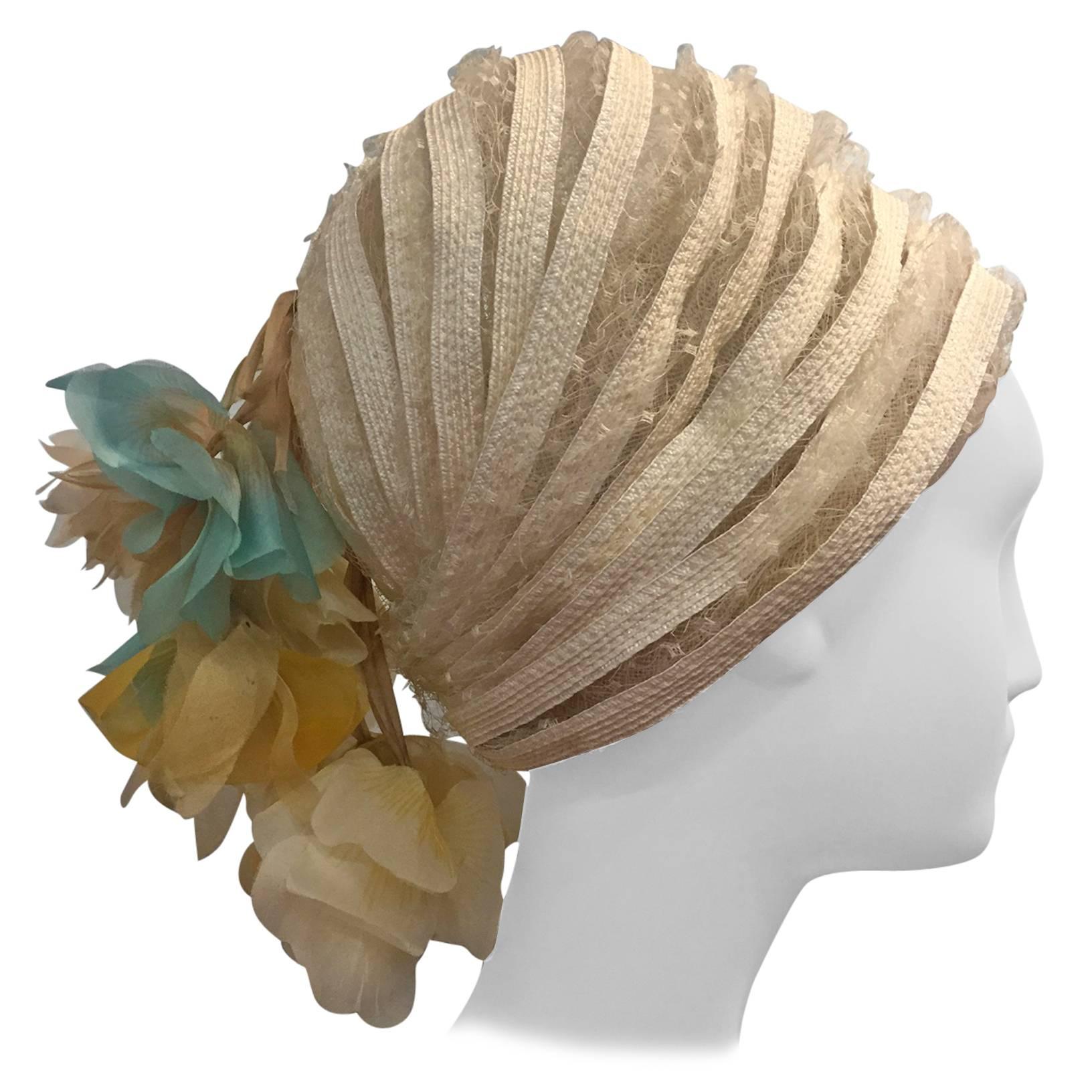 1960s Christian Dior White Straw and Net Turban Dome w Pastel Silk Flower Tassel