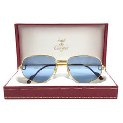 Vintage Cartier Santos Romance Blue Lenses 58mm 18k Gold Sunglasses