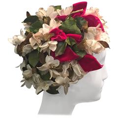 1960s Christian Dior Floral Turban w/ White /Pink Roses and Fuchsia Ribbon