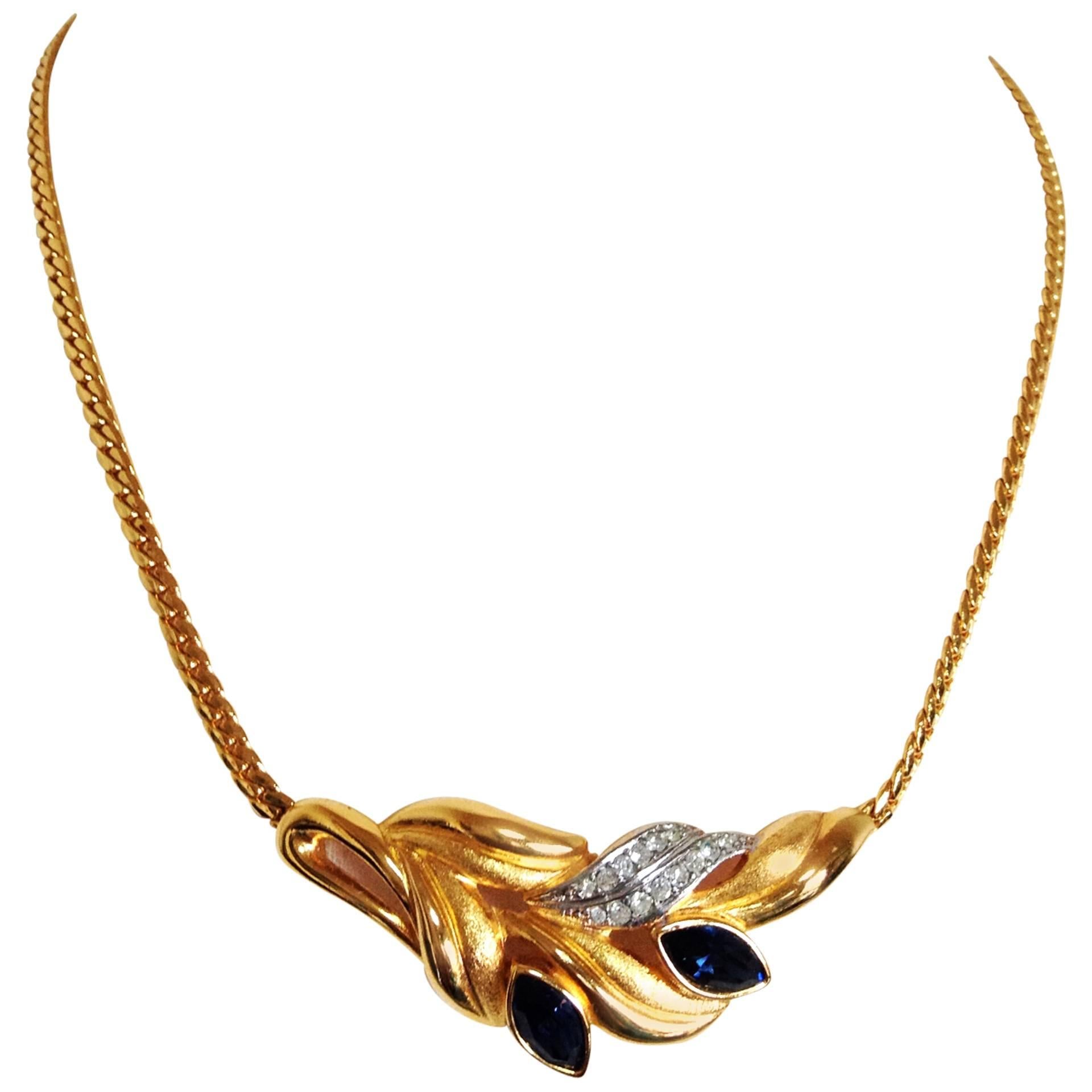 Vintage LANVIN golden chain skinny necklace with golden leaf motif pendant top For Sale