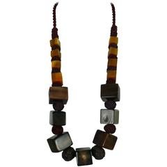 Yves Saint Laurent YSL Vintage Faux Horn, Leather and Tassel Necklace